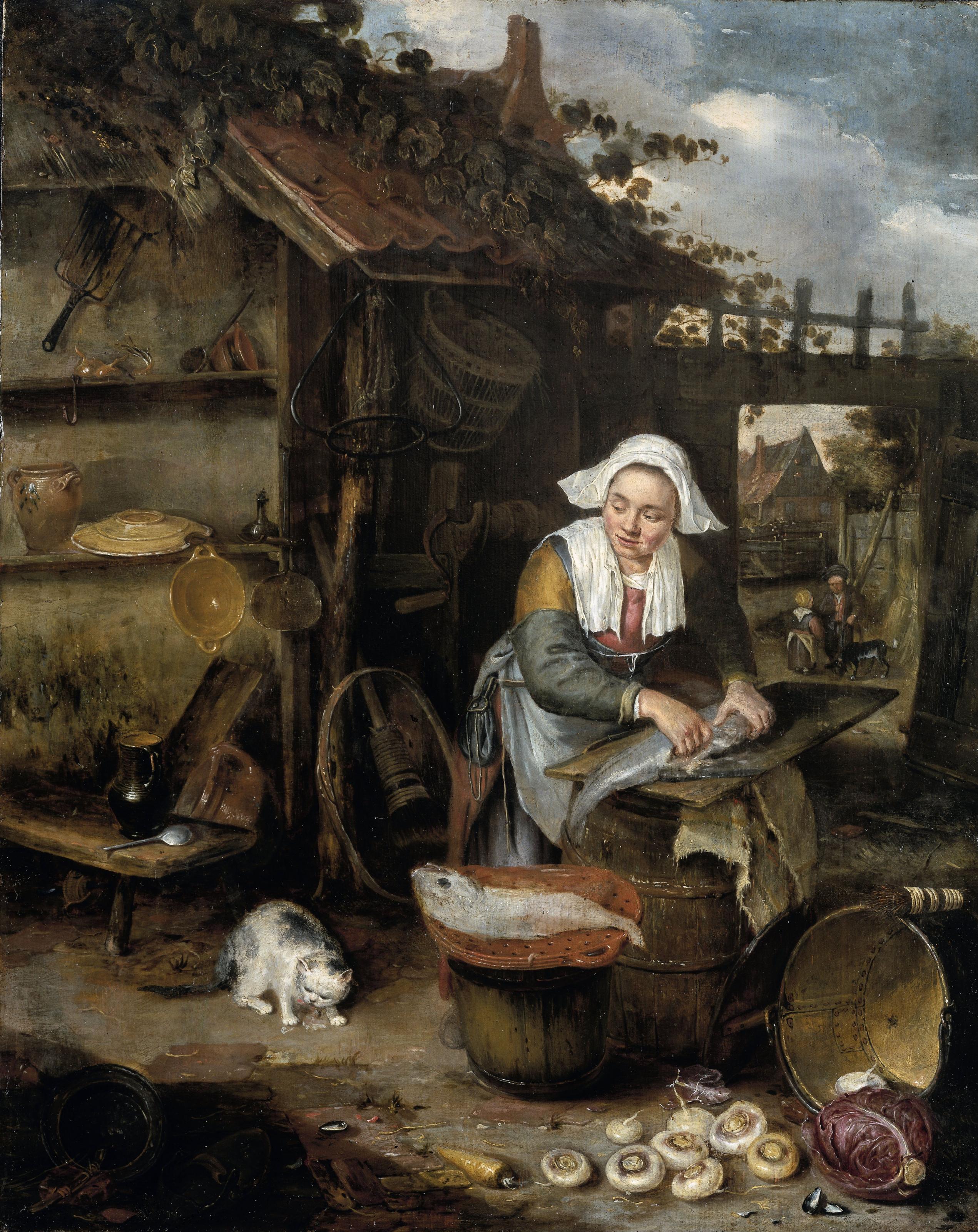 Een huisvrouw op een binnenplaatsje bij het schoonmaken van vis, Hendrik Potuyl, 1639 - 1649.