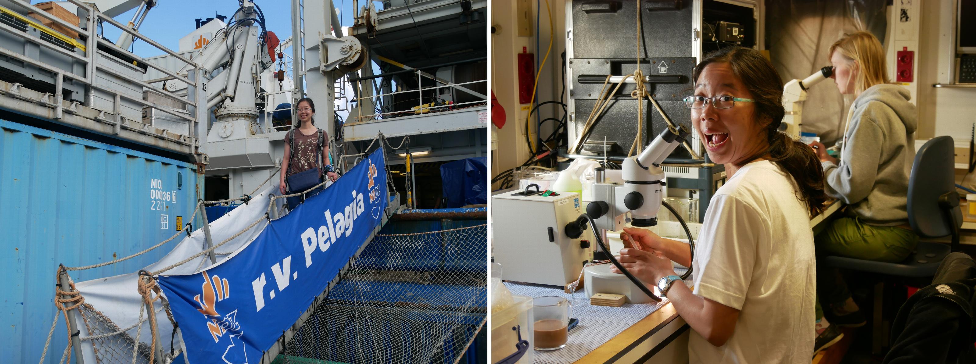 Le Qin studying pteropods on board the Pelagia research vessel, together with her fellow PhD student Lisette Mekkes