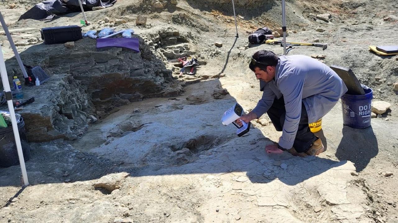 Panos Skandalos scans the footsteps of a dinosaur with a 3D scanner