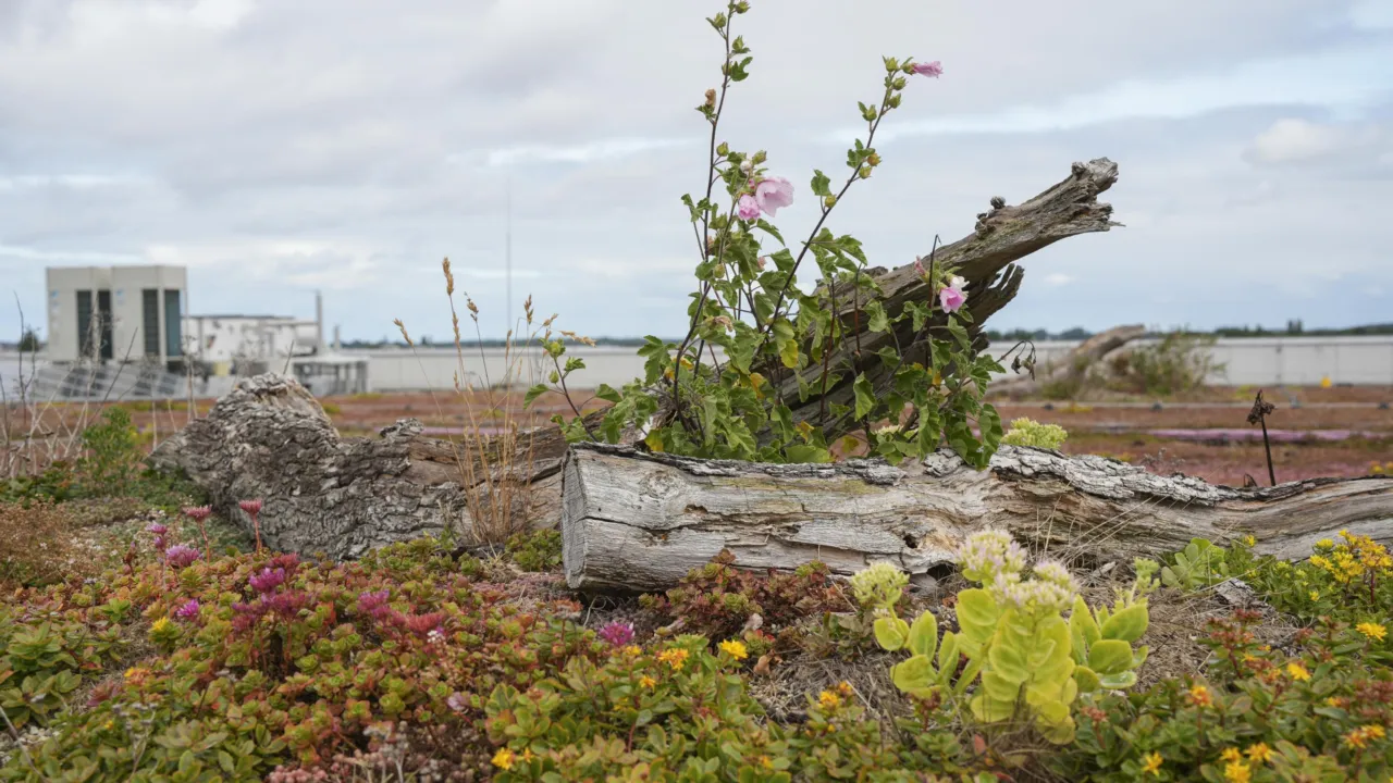 Bloeiende planten op een groen dak