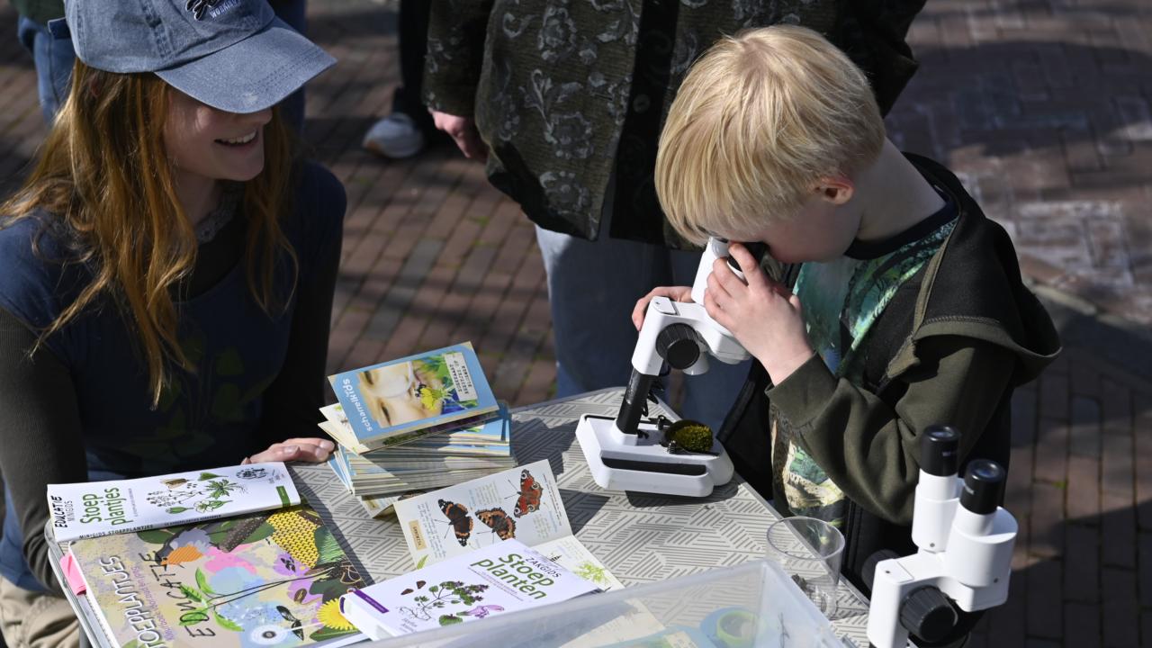 Een kind kijkt door een microscoop naar mos tijdens Expeditie Stadsnatuur
