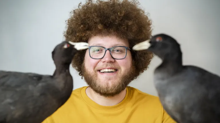 Auke-Florian met twee opgezette meerkoeten