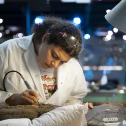 Yasmin Grooters aan het werk in het dinolab