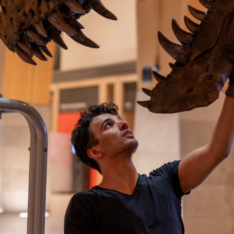 Pasha van Bijlert mounting a Tyrannosaurus rex skull