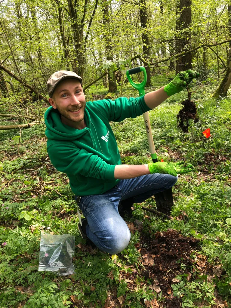 This is an picture of me holding up a small tree seedling that I have dug up to study it's mycorrhizal fungi, on sunny day in early spring.