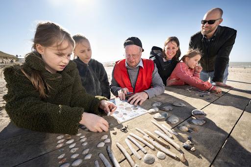 Familie telt schelpen op het strand van Katwijk