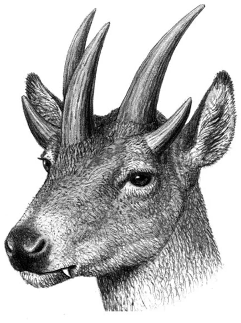 A drawing of an extinct ruminant with five horns.